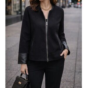 Vince Black Boiled Wool Jacket Leather Trim Size Medium Office Zip Up MSRP $225‎
